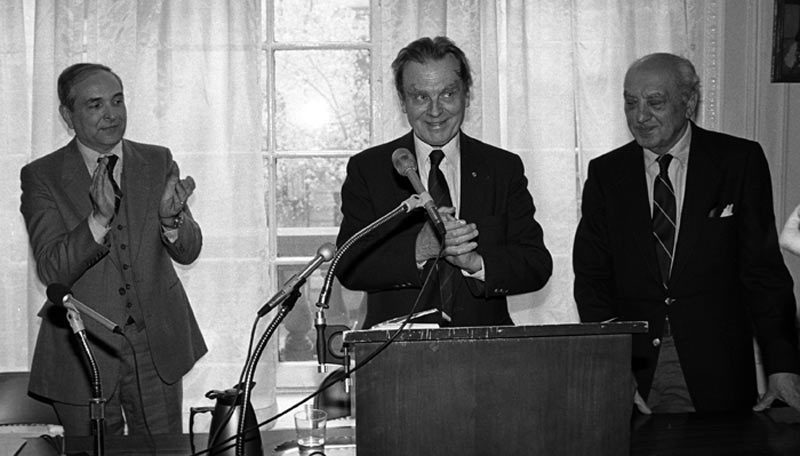 Dr. Thaddeus V. Gromada left, Czeslaw Milosz in the center and Dr. Feliks Gross on the right.