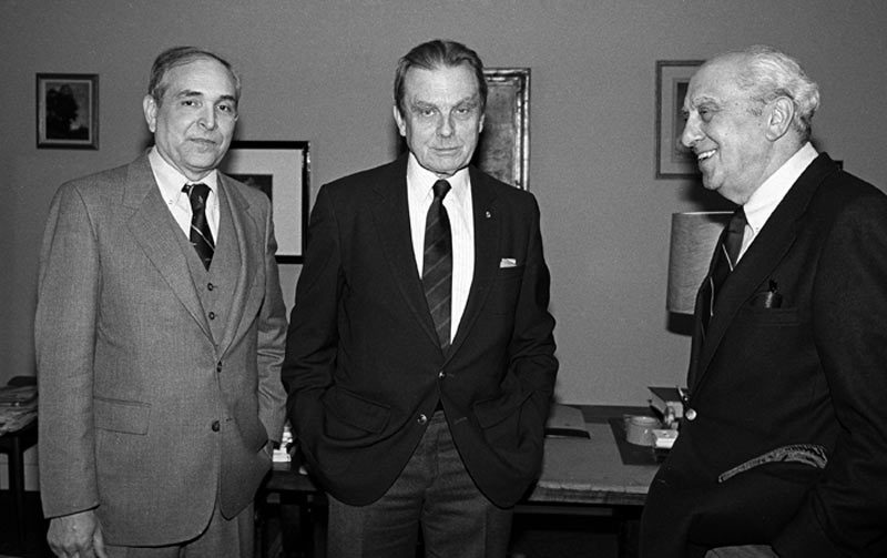 Dr. Thaddeus V. Gromada left, Czeslaw Milosz in the center and Dr. Feliks Gross on the right.