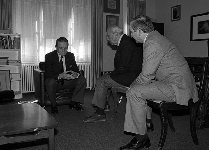Czeslaw Milosz Left, Dr.. Feliks Gross in the center and Dr.. Thaddeus V. Gromada on the right.